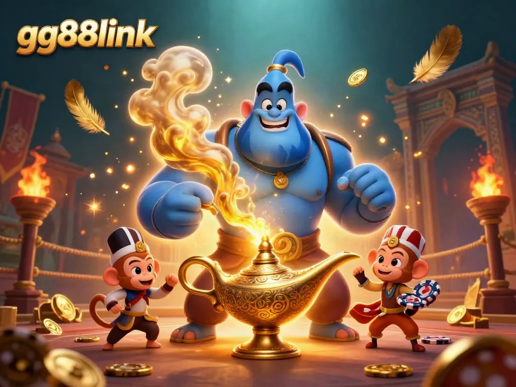 Engage with the enchanting atmosphere of gg88link, featuring a genie, monkey, and poker chips in a vibrant casino scene.