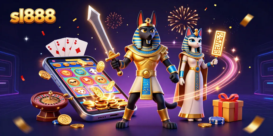 Spin and win with sl888 in a vibrant 3D gambling fantasy featuring Anubis and Bastet.