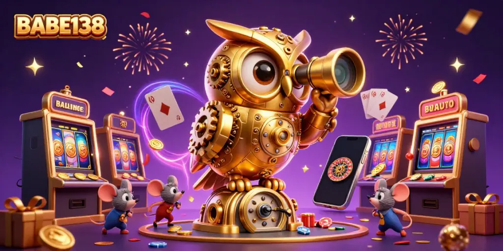 Menggairahkan pengalaman bermain di BABE138 dengan simbol slot dan suasana kasino yang ceria.