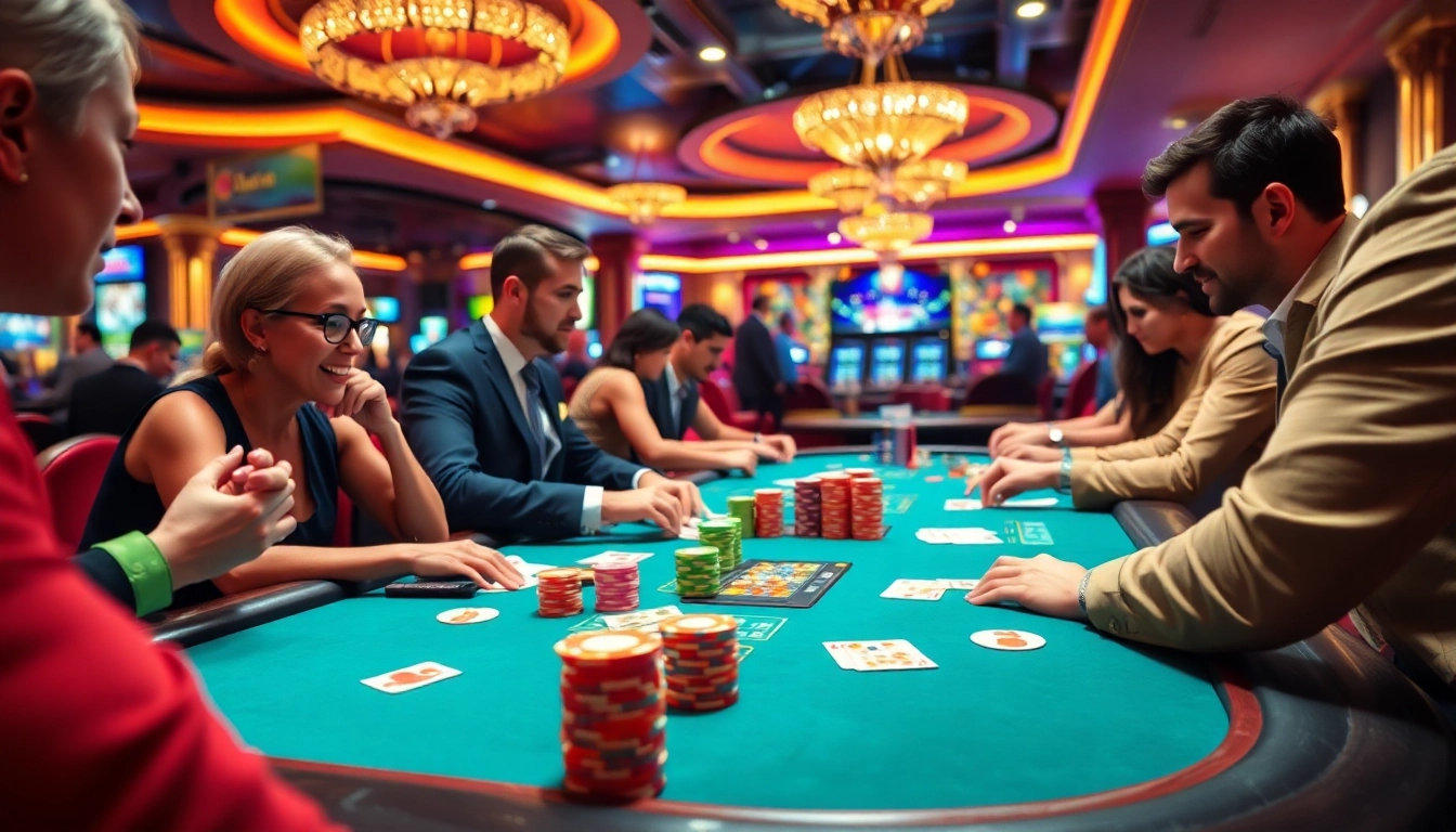 Permainan gta togel yang memperlihatkan para pemain sibuk dan chip berwarna-warni di meja kasin.