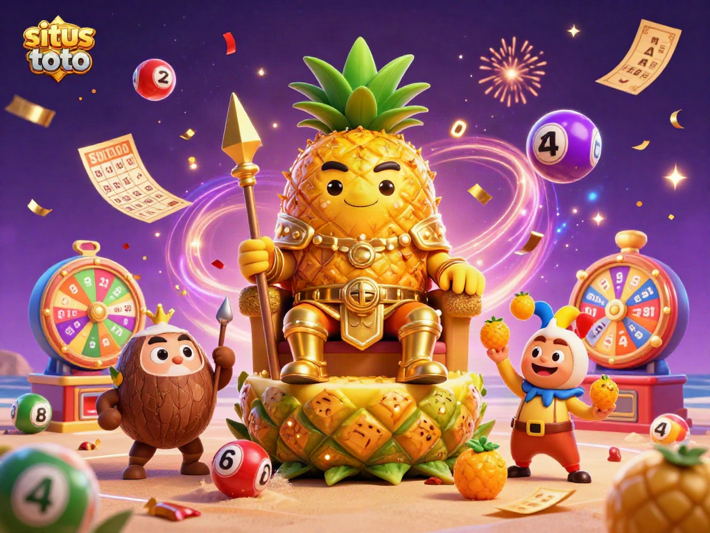 Menghadirkan situs toto dengan raja nanas emas 3D yang megah dikelilingi elemen lotere berwarna-warni.