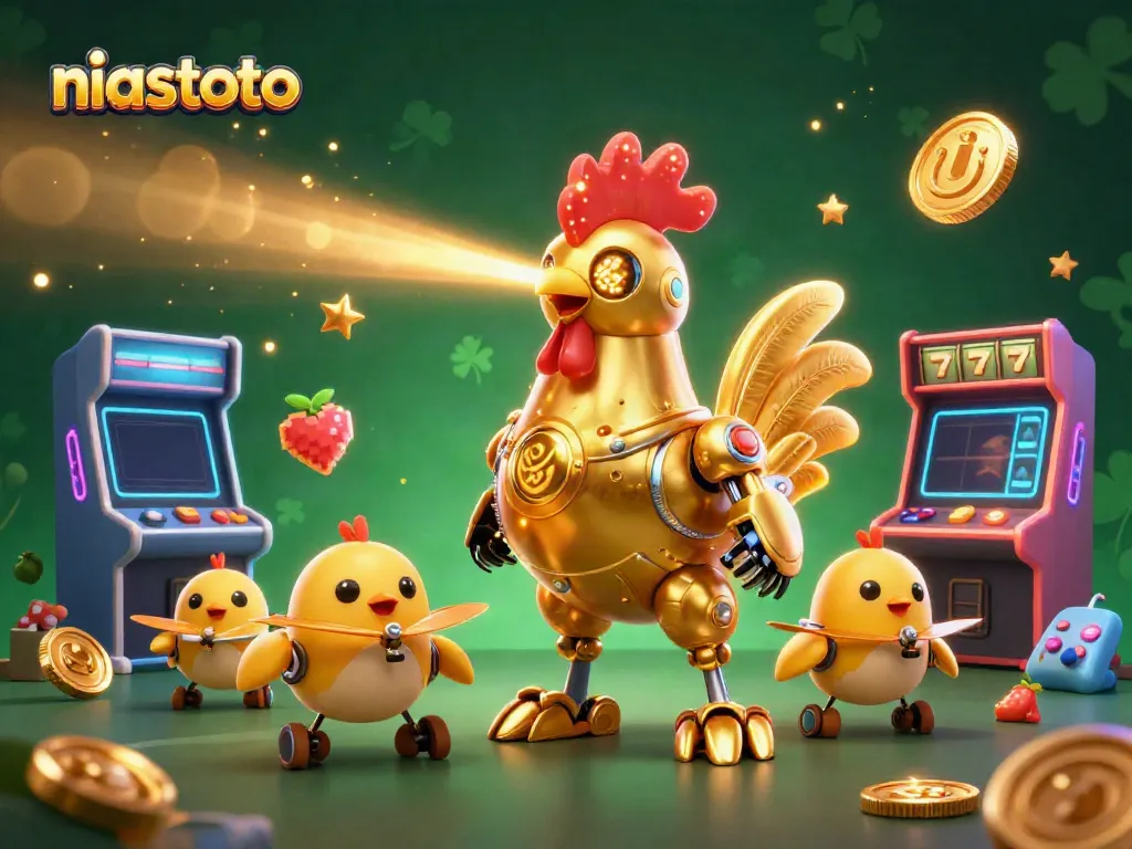 Gambarlah karakter niastoto dalam suasana kasino dengan mesin slot dan jackpot di sekelilingnya.