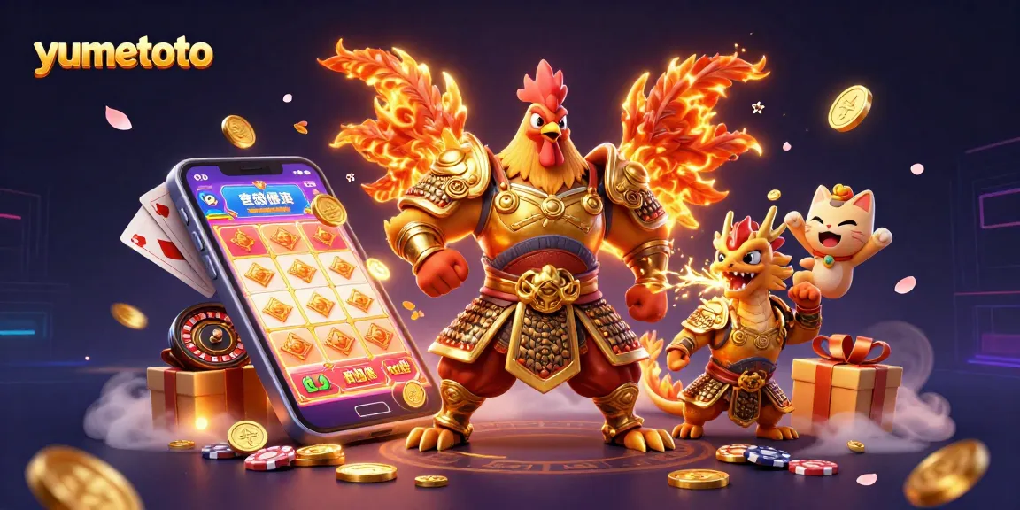 Experience thrilling action with yumetoto as the fighting rooster and dragon hatchling engage in a vibrant casino game scene.