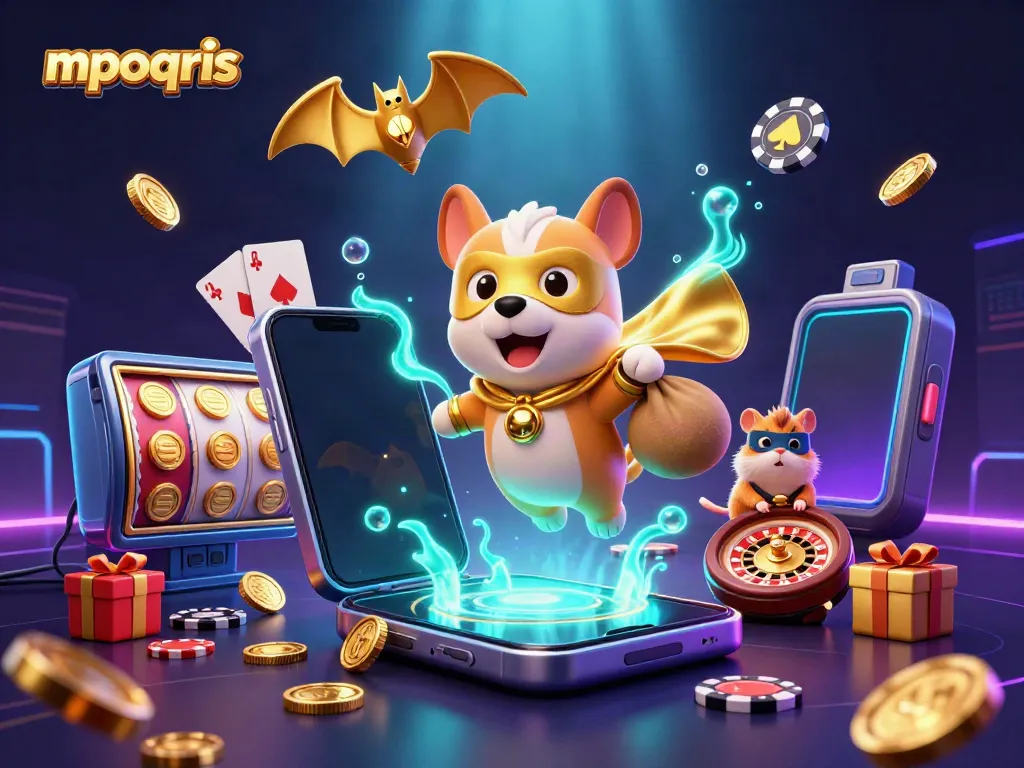 Permainan mpoqris yang menampilkan anjing superhero dan hamster di dunia kasino.