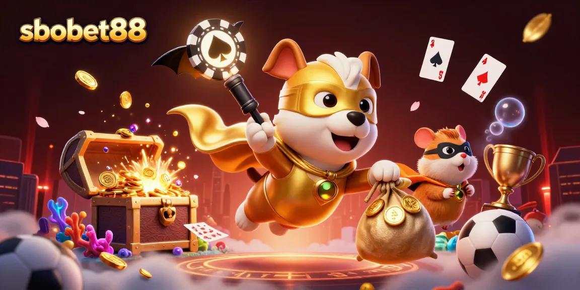 SBOBET88 offers thrilling sports betting action, featuring a superhero dog and hamster with a poker chip sky background.