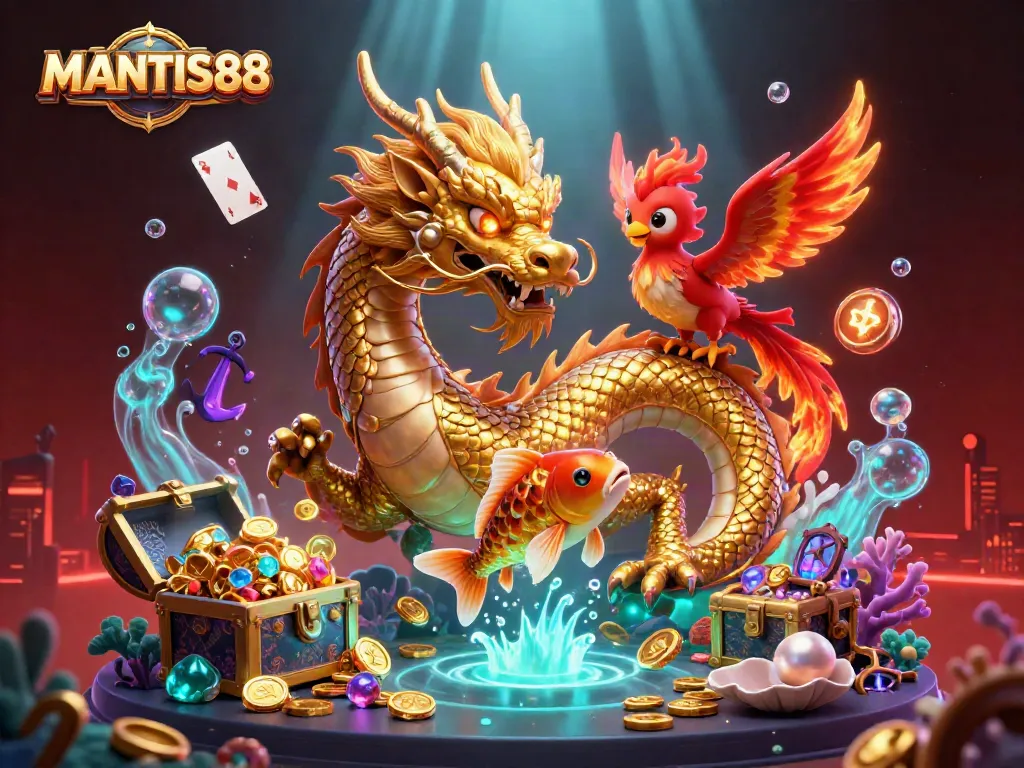 MANTIS88 casino scene featuring a dynamic dragon, phoenix, and koi surrounded by vibrant gaming elements in rich detail.