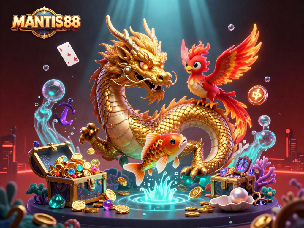MANTIS88 casino scene featuring a dynamic dragon, phoenix, and koi surrounded by vibrant gaming elements in rich detail.