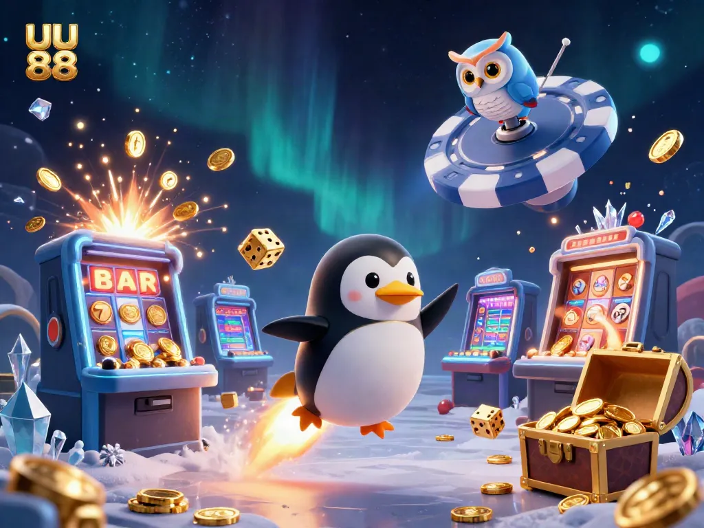 Experience thrilling jackpots with the uu 88 golden penguin in this vibrant casino scene.
