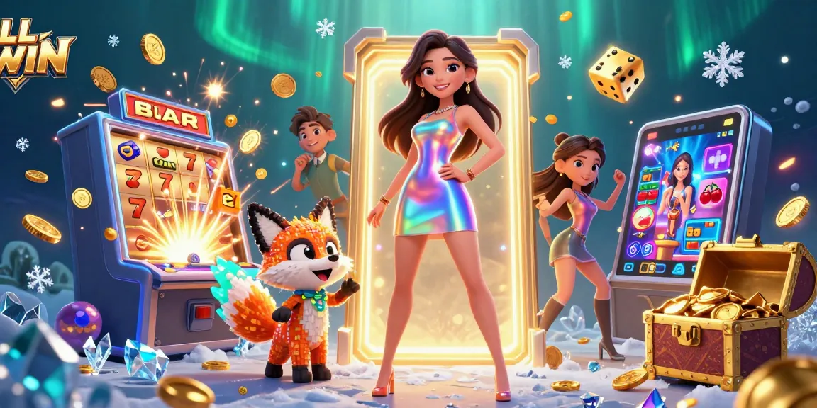Play exciting games at LL WIN as a dazzling woman and pixelated fox celebrate winning jackpots.