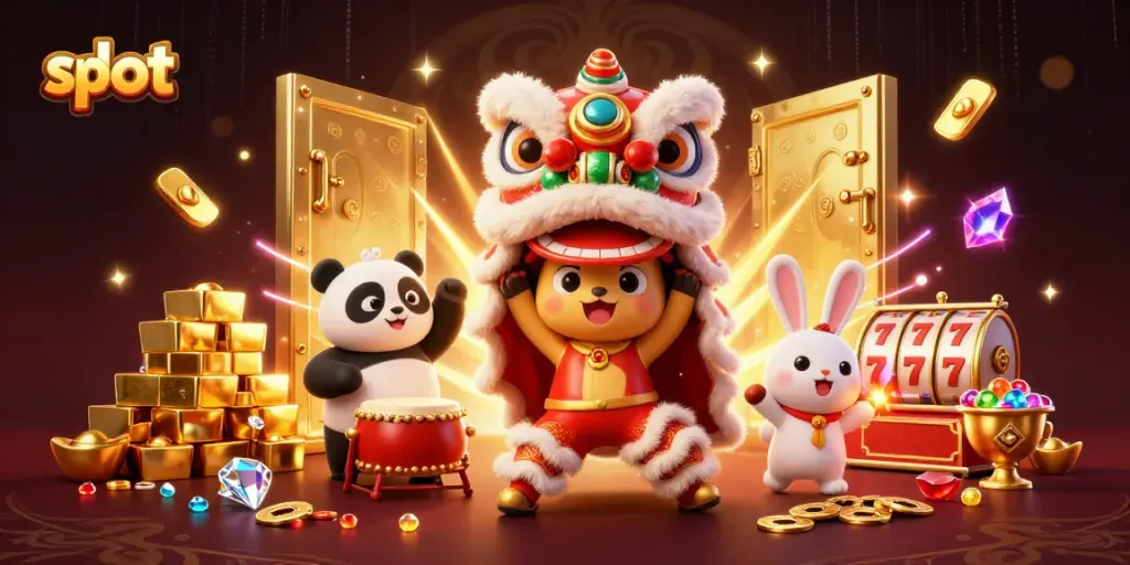 Menggulung slot yang memberi keuntungan dengan kegembiraan tarian singa dan panda di dekorasi merah dan emas.