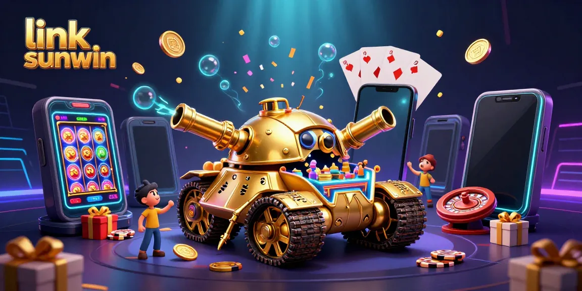 Engage with link sunwin in a vibrant 3D casino scene featuring a golden beetle tank revealing a miniature casino inside.