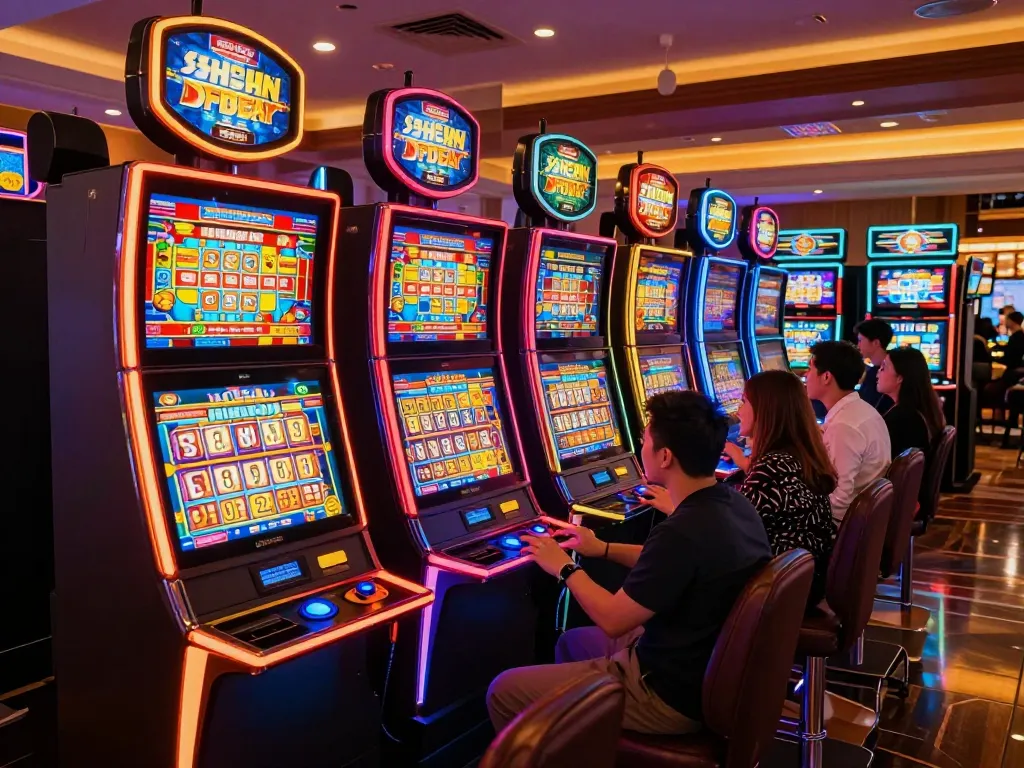 Experience the excitement of slot gacor gameplay with vibrant machines and engaged players in a lively casino.