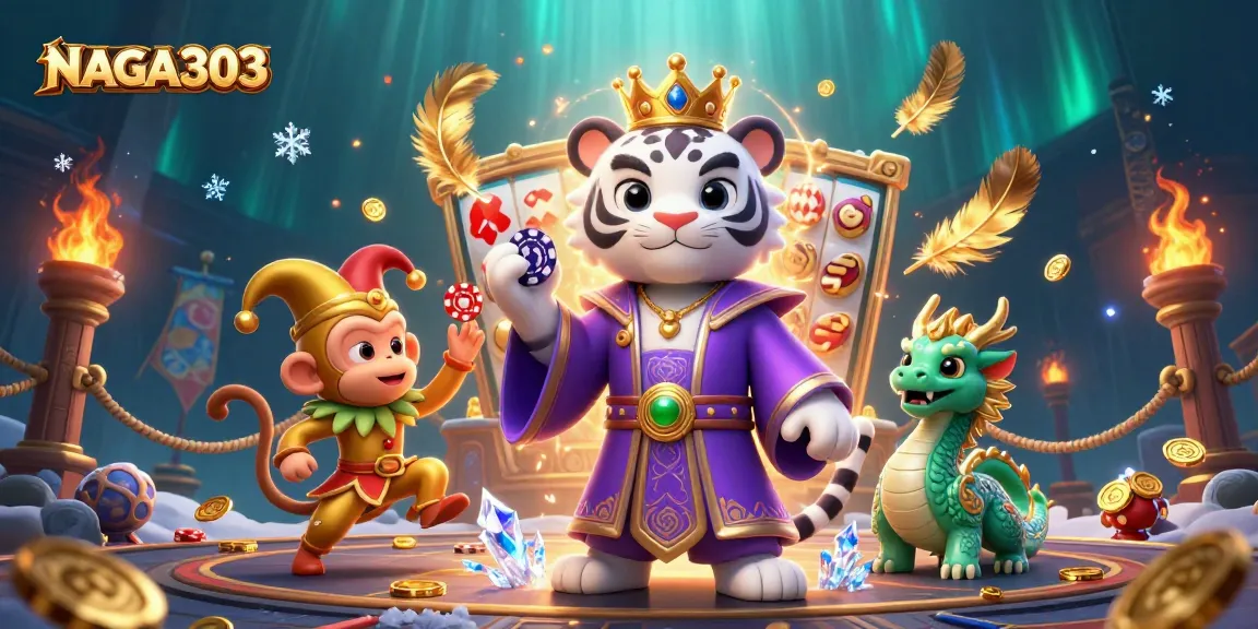 NAGA303 engages players with an exciting scene of a smiling tiger, monkey juggling poker chips, and a jade dragon in a vibrant casino.