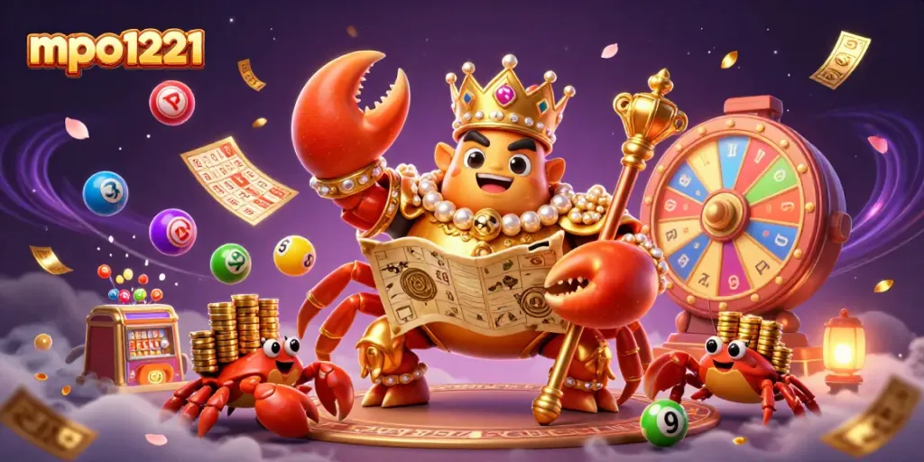 Gambarkan mpo1221 sebagai raja kepiting emas memegang peta harta di kasino yang penuh dengan chip emas.