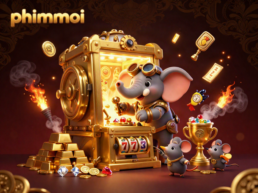 Spin the golden slot machine with phimmoi's steampunk elephant engineer amidst treasures and gaming elements.
