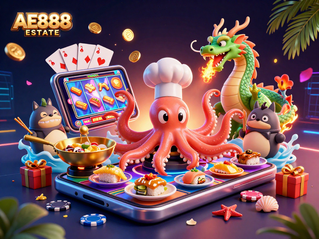 Engage with AE888 ESTATE's vibrant 3D gaming scene featuring an octopus chef, dragon, and tanuki.