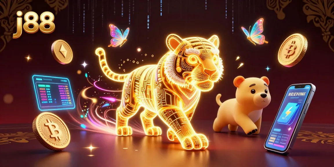 Experience the thrilling ambiance of j88 with digital characters and casino elements bursting with energy.