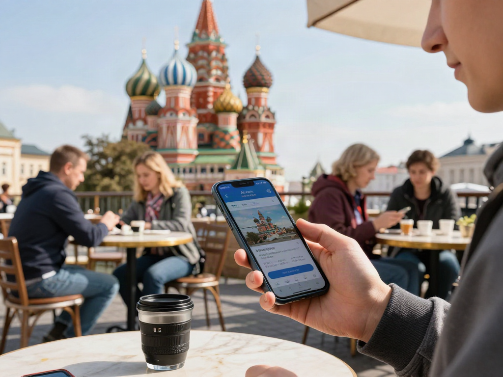 Pengunjung menggunakan https://payinrussia.com/ untuk pembayaran digital di kafe Rusia dengan latar belakang landmark ikonik.