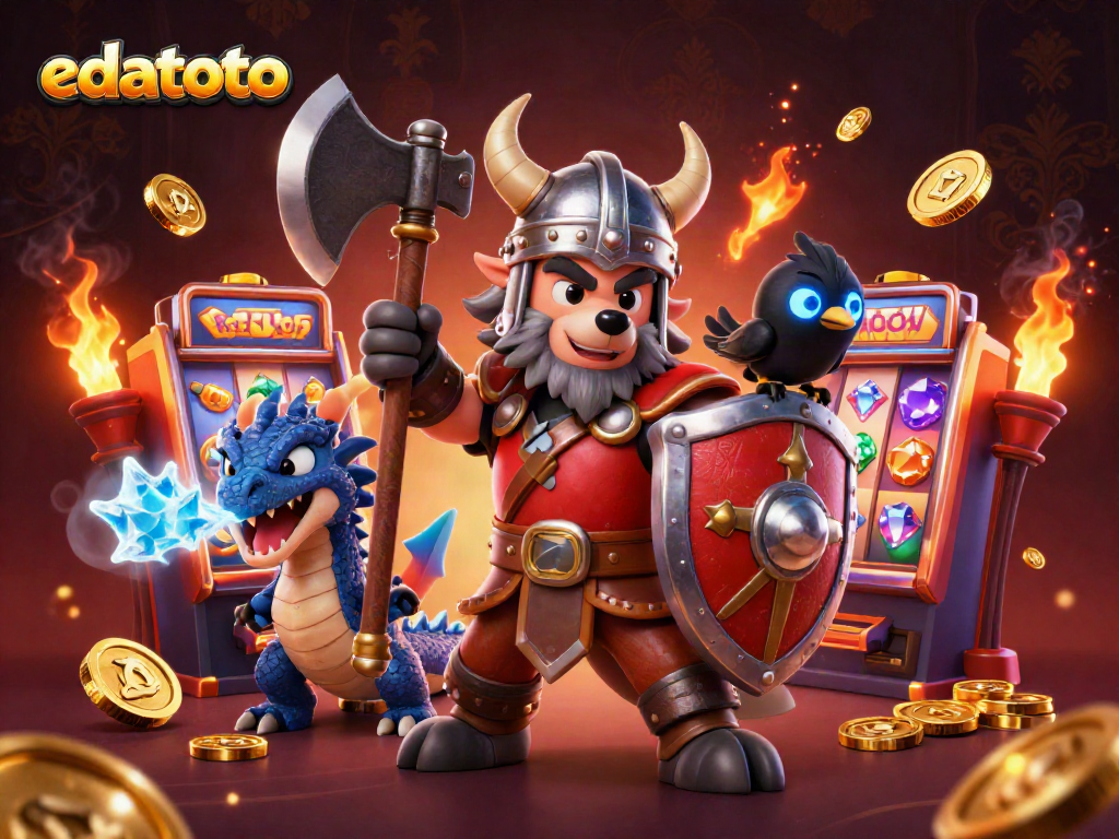 Visual edatoto dengan karakter kasino yang dinamis dan mesin slot mengkilap