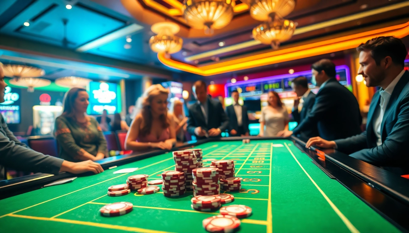 Experience the thrill of afk toto with excited players at a casino table illuminated by vibrant lighting.