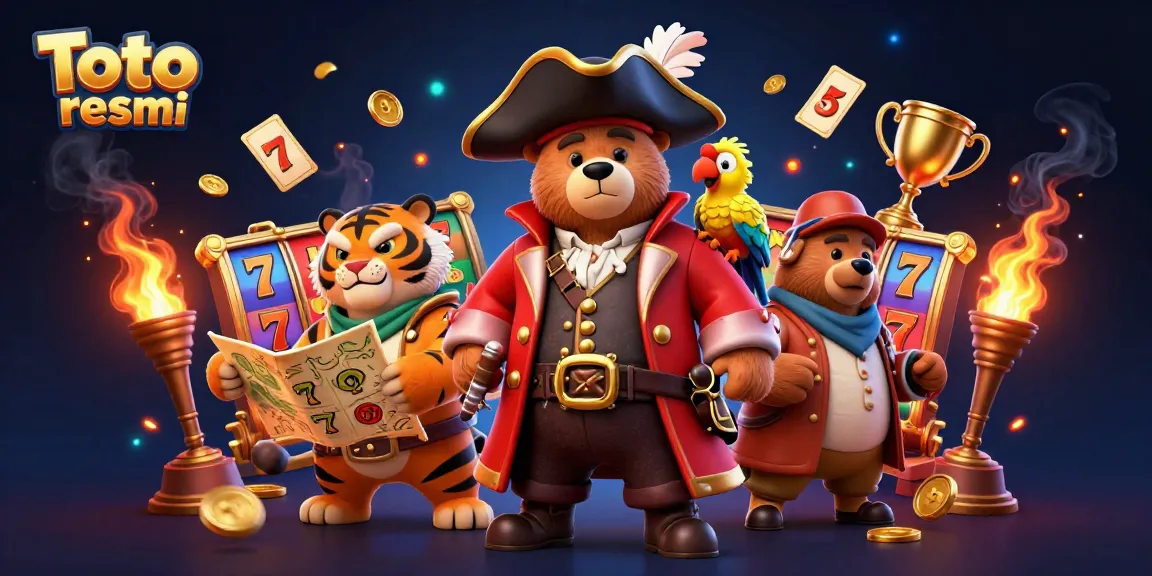 Engage with Toto resmi through thrilling slot games and vibrant cartoon characters in a dynamic casino illustration.