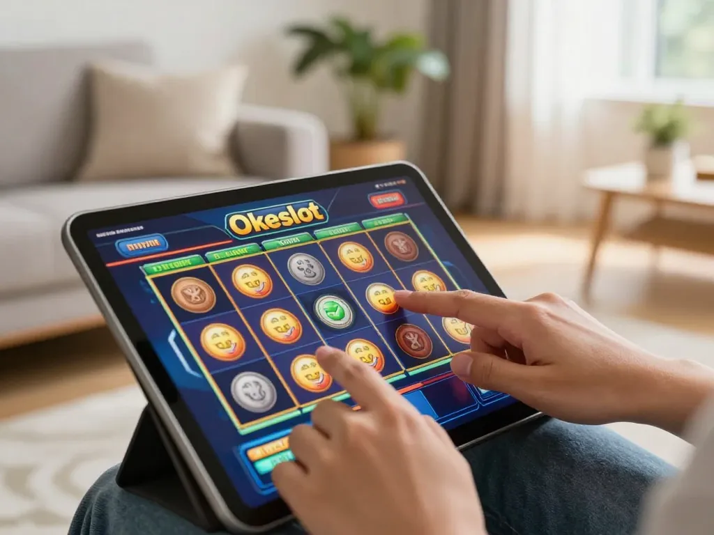 Berinteraksi dengan OKESLOT sambil menikmati permainan slot online yang mendebarkan di tablet dalam suasana rumah yang nyaman.