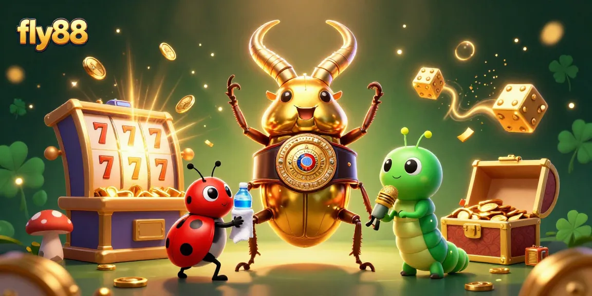 Experience the casino excitement with fly88 as a golden stag beetle faces off, surrounded by slot machine jackpots and sparkling coins.