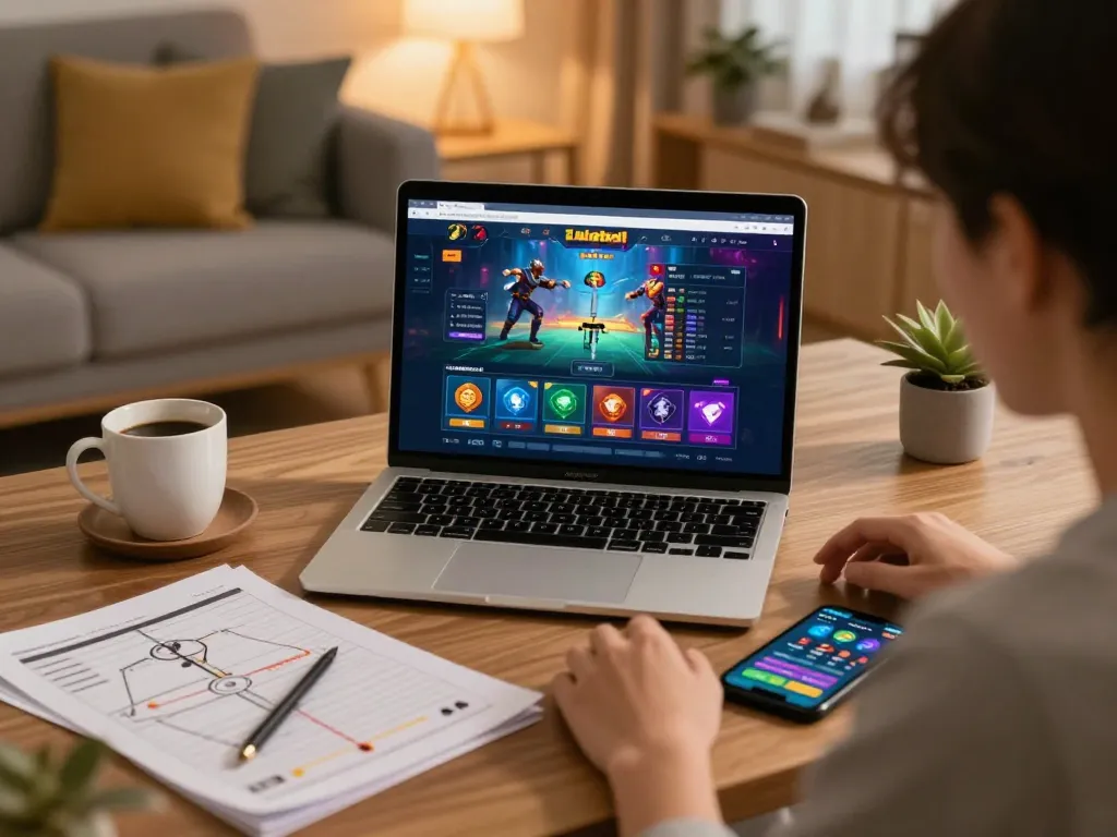 Terlibat dalam perjudian online di platform Jalatogel, menunjukkan permainan yang dinamis dan suasana rumah yang nyaman.
