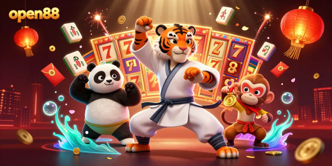 Experience excitement with open88 as adorable 3D characters celebrate big wins in a vibrant casino setting.