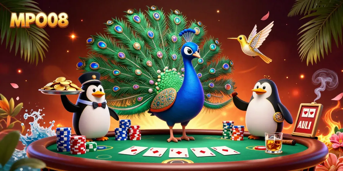 MPO08 captures the excitement of poker with a regal peacock, penguin waiter, and diamond-winged hummingbird.