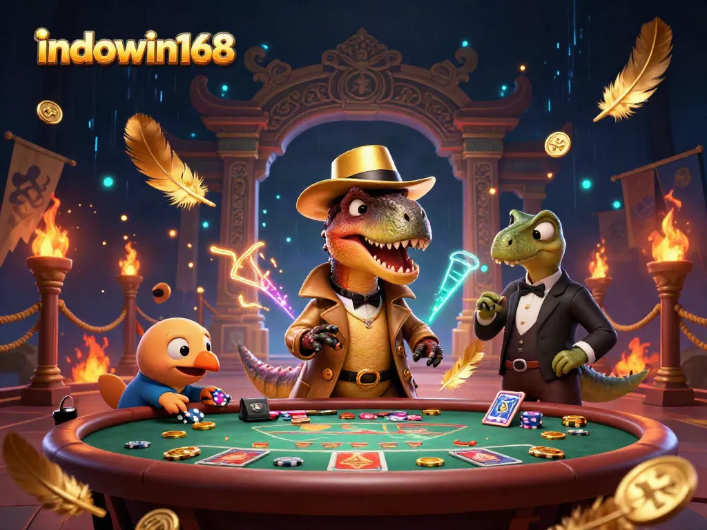Indowin168 menampilkan velociraptor dan stegosaurus di meja blackjack yang berkilauan dengan koin emas