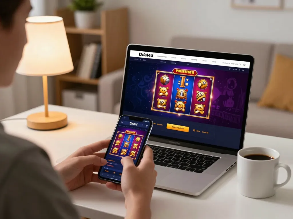 Berinteraksi dengan aplikasi permainan mobile ondel4d di lingkungan rumah yang nyaman, menampilkan perjudian online yang strategis