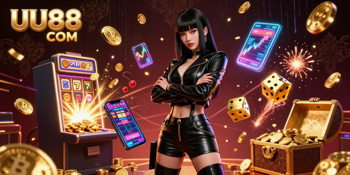 Experience the thrilling world of UU88 COM with a stunning Asian woman in a dynamic casino scene surrounded by jackpots and neon holograms.