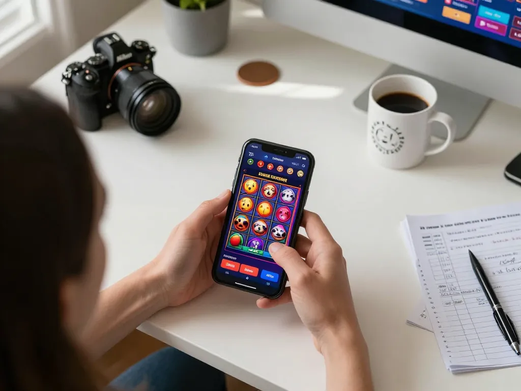 BAYITOTO player engaging with mobile casino app, showcasing vibrant slots interface and strategic atmosphere