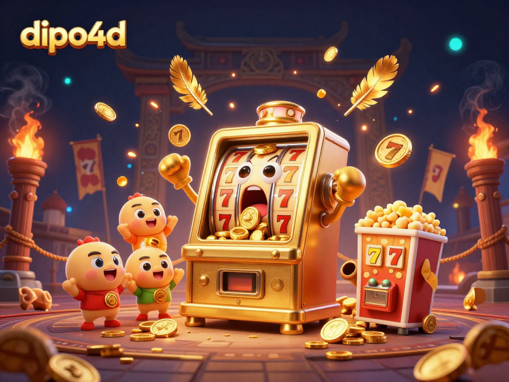 DIPO4D golden slot machine hitting a jackpot, surrounded by celebrating mini machines and dynamic casino elements.