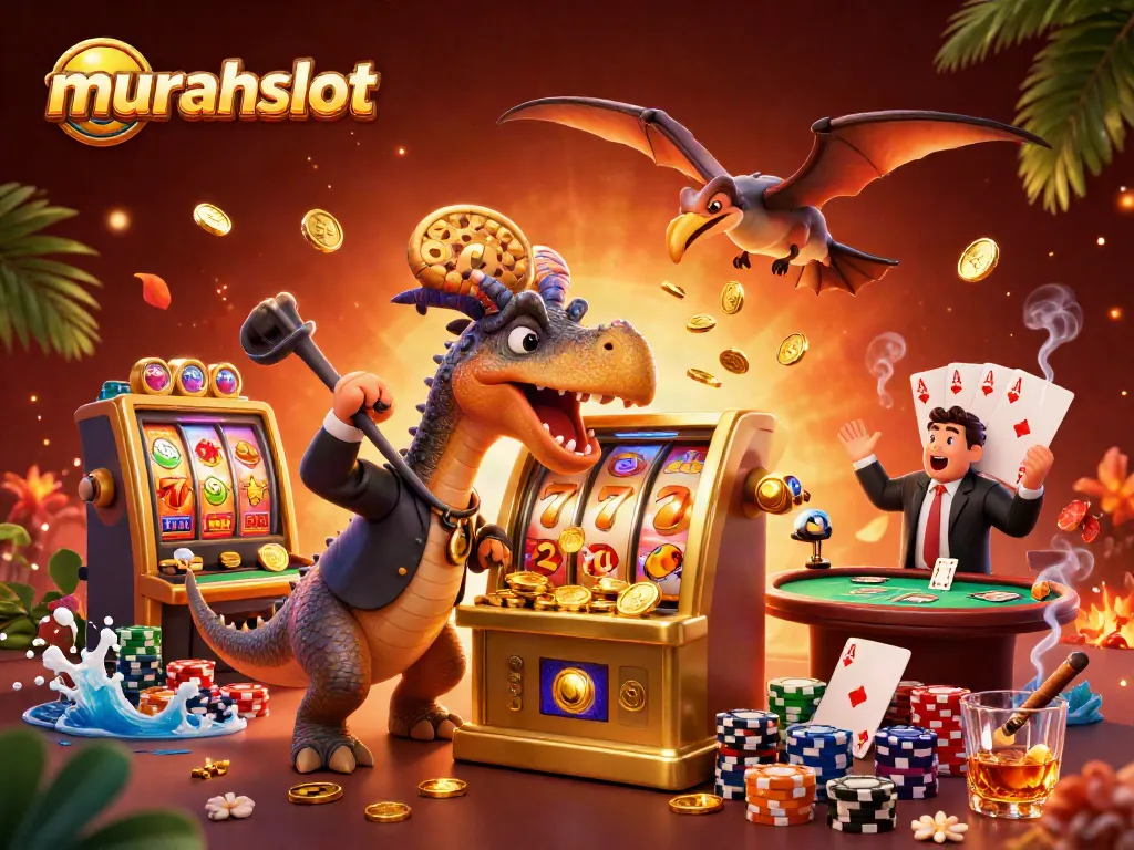 Engaging illustration of murahslot with cartoon dinosaurs at a casino celebrating jackpot wins amidst colorful slot themes.