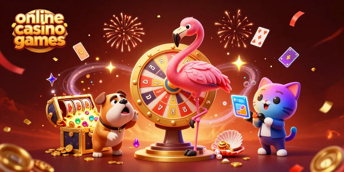 Experience the excitement of online casino games with a flamingo host, bulldog contestant, and vibrant game elements.