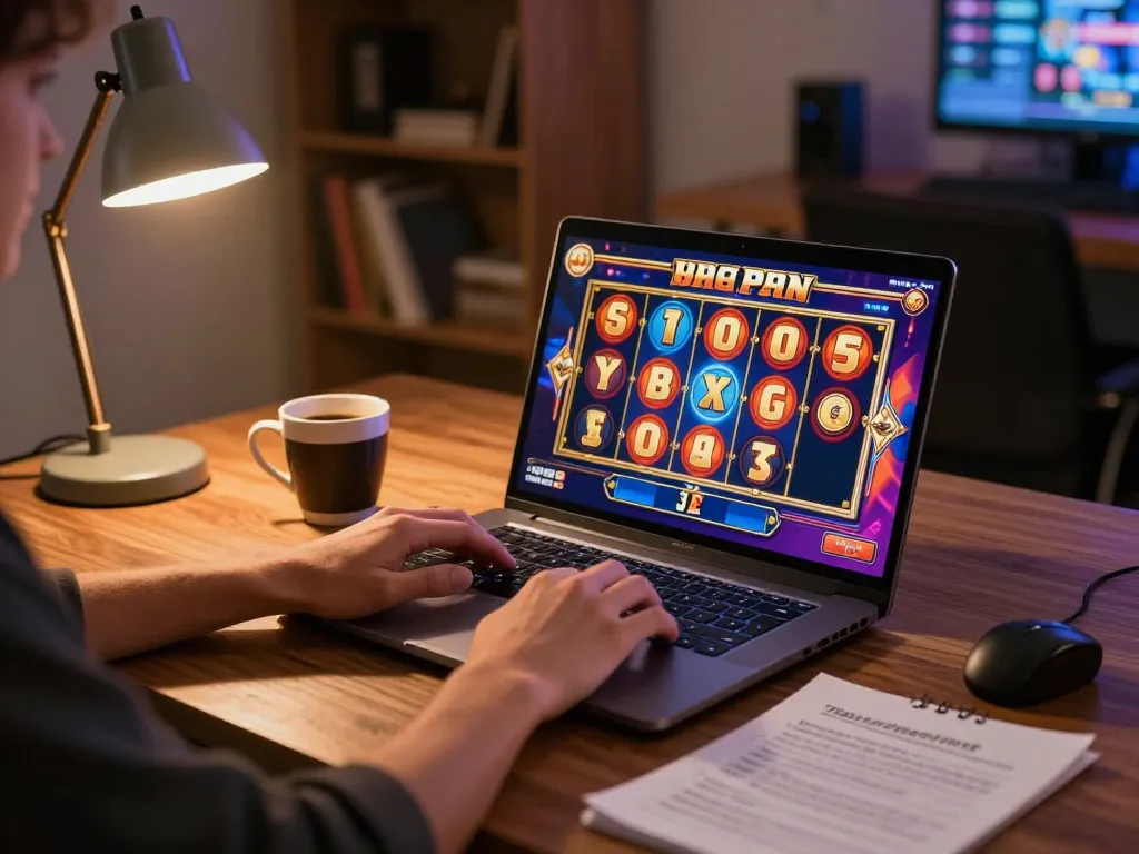 Engaging with slot games online, showcasing vibrant graphics and a cozy gaming atmosphere.