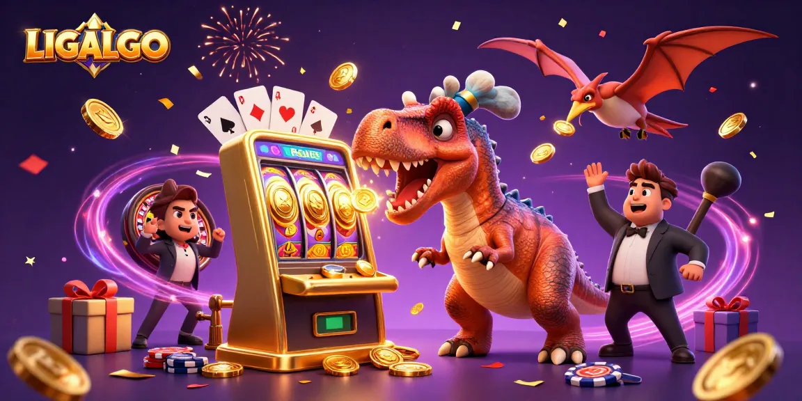LIGALGO showcases a vibrant casino scene with characters celebrating a jackpot payout amidst flying coins.