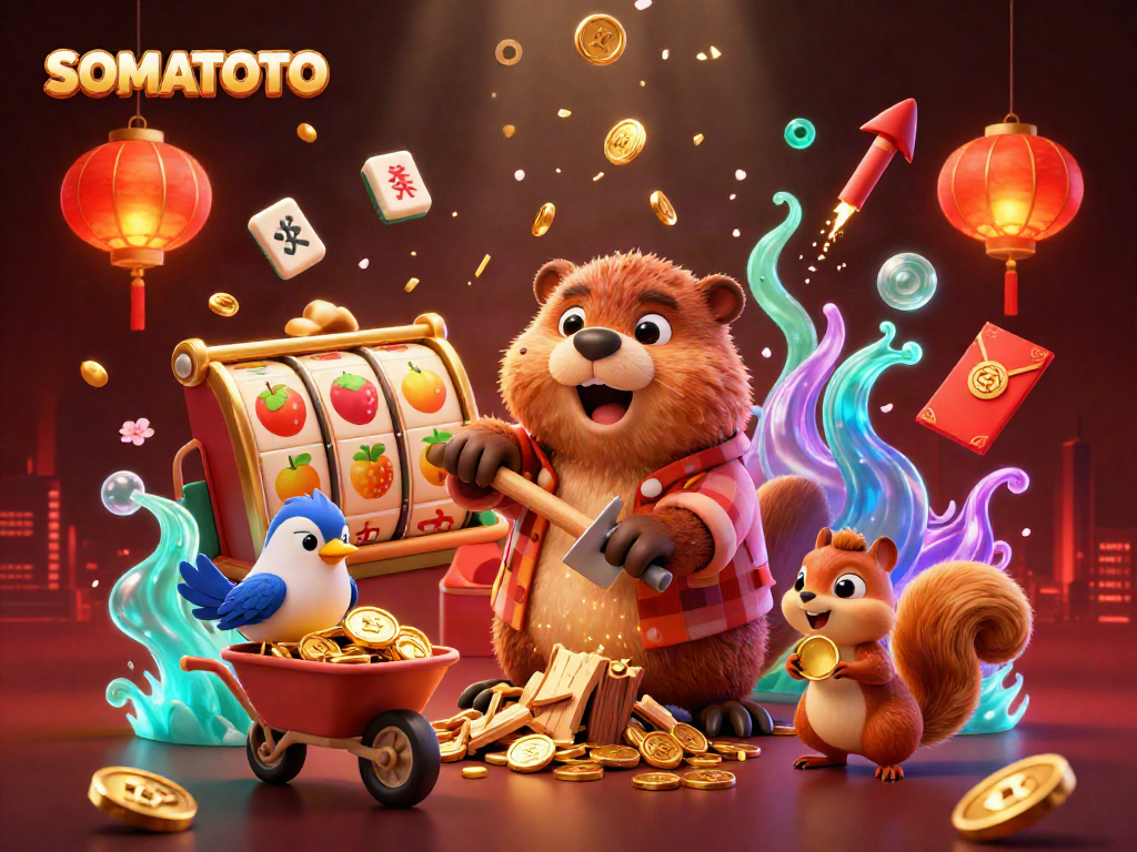 SOMATOTO brings excitement to gaming with a colorful illustration featuring a beaver and friends amidst a rain of golden coins.