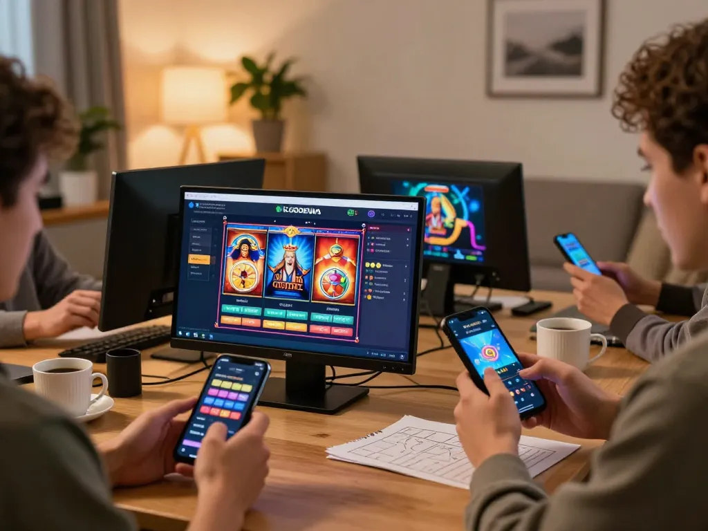 Engaged players using LGODEWA's online slot platform with modern devices in a cozy home setting