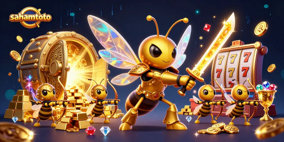 Sahamtoto menghadirkan nuansa kasino dengan hornet emas raksasa dan elemen slot, memperlihatkan keseruan permainan.