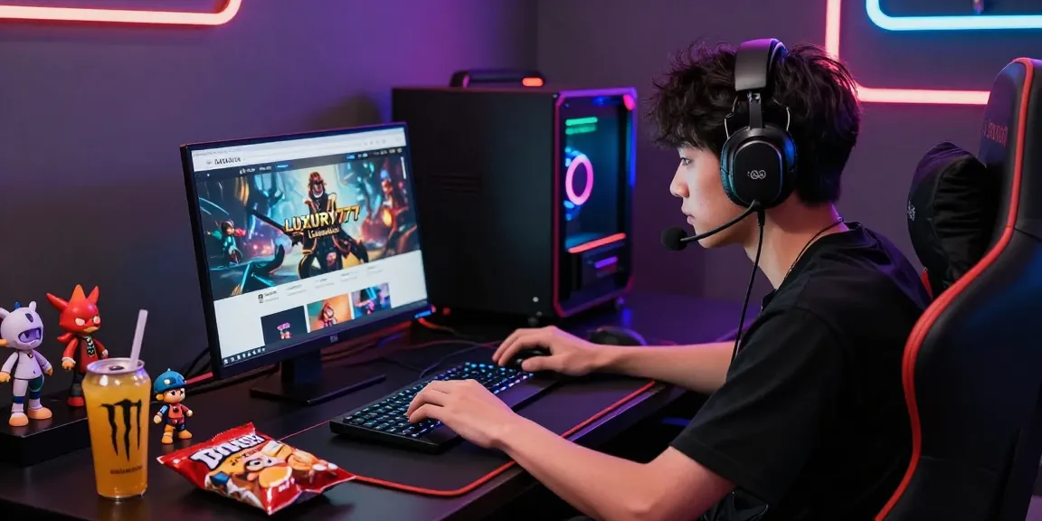 LUXURY777 Link Alternatif dalam suasana bermain game online dengan fokus tinggi di laptop, dikelilingi lampu LED cerah.