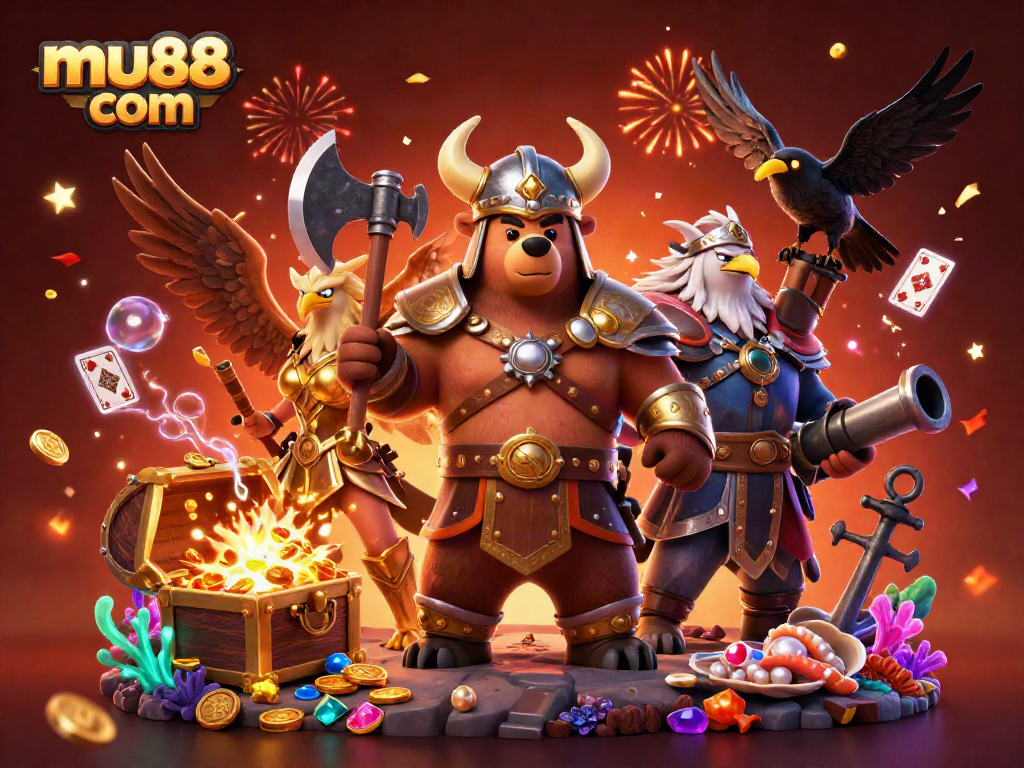 Join the excitement at mu88 com with this vibrant 3D illustration of a Viking bear and Valkyrie eagle among casino elements.
