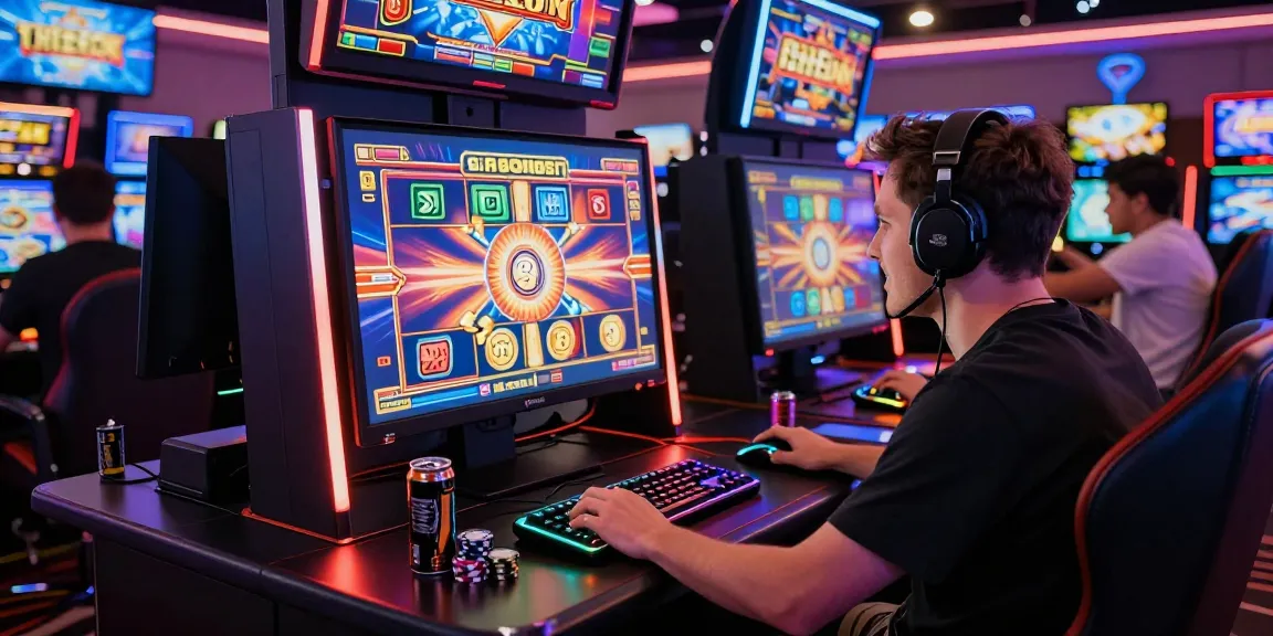 Player enjoying a slot gacor machine in a vibrant online casino setting surrounded by gaming gear.