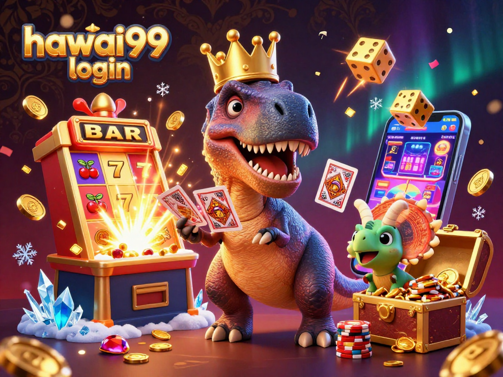 Engage with hawai99 login while enjoying a fun-filled scene of animated dinosaurs in a casino.