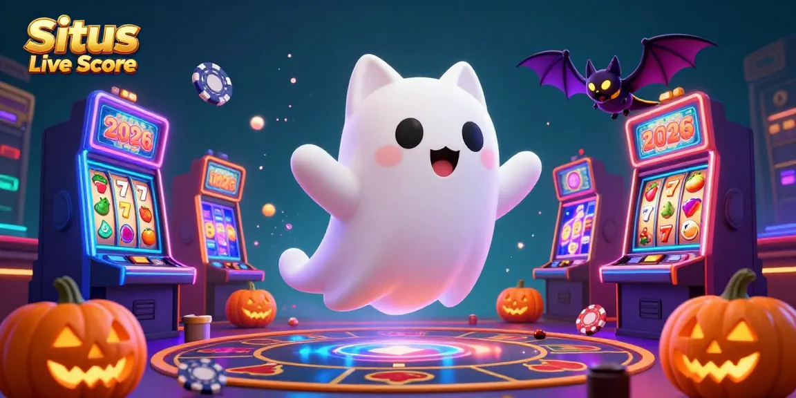 Situs Live Score brings exciting casino thrills with a friendly ghost cat, victory symbols, and vibrant gaming elements.