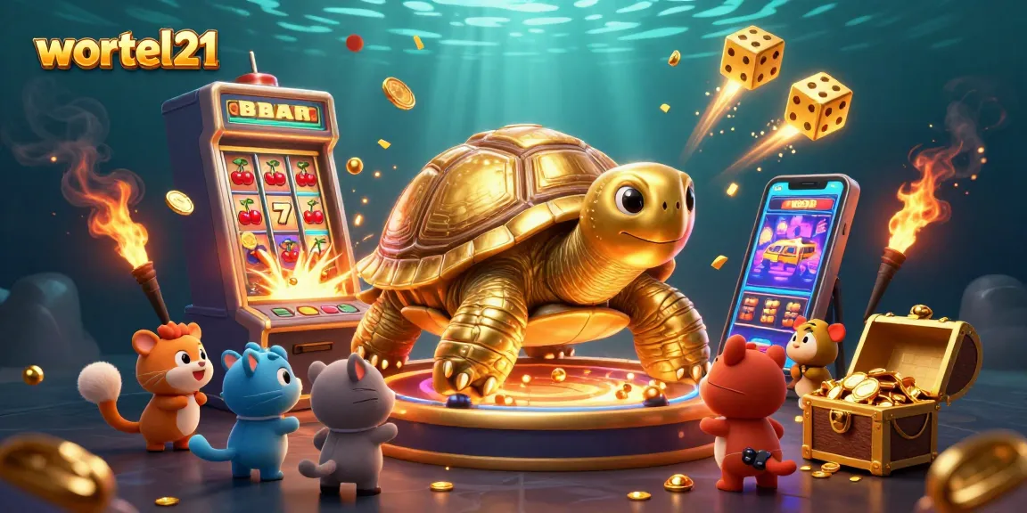 Bermain slot di wortel21 dengan penyu raksasa dan mesin slot berkilau penuh koin.