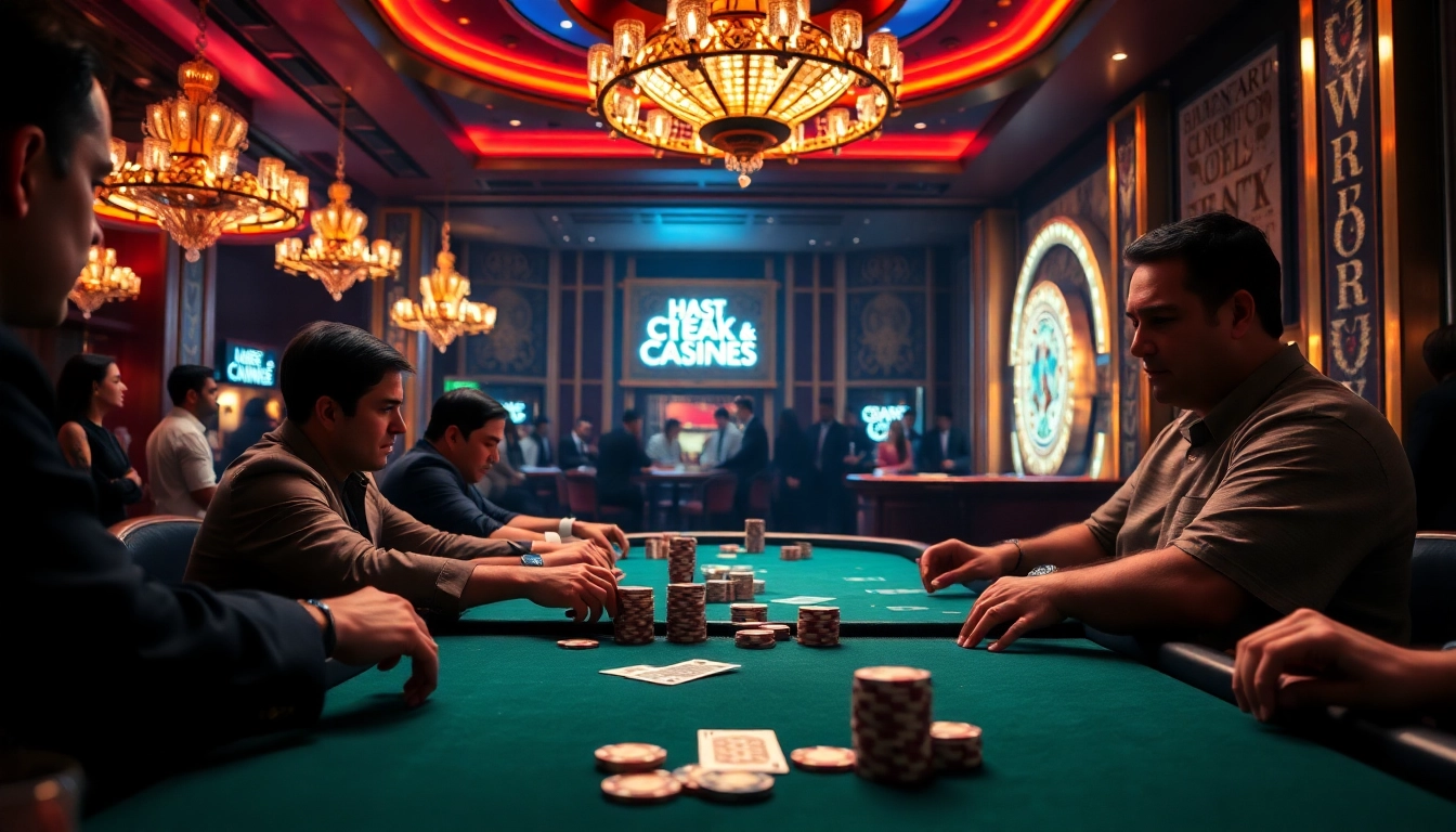 Tunai138 menampilkan aksi intens meja poker di kasino mewah dengan pemain yang bersaing.