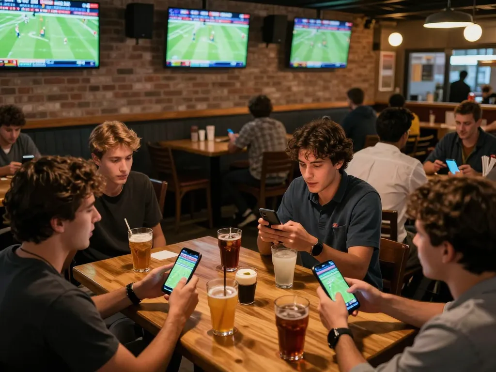 Fans engaging with sports betting on mobile devices at Bongdalu sports bar.
